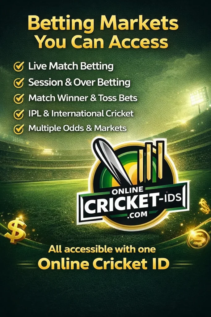 Online Cricket ID betting markets banner with live match, session, IPL and toss betting options