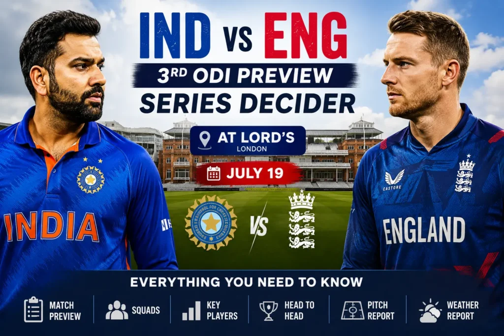 IND vs ENG 3rd ODI preview banner featuring India and England players at Lord's Cricket Ground for the series decider on July 19.